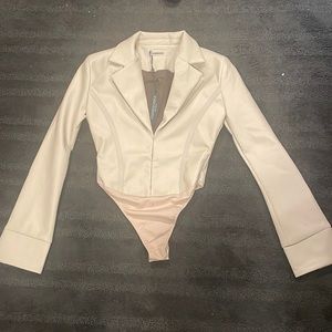 Manière de Voir Vegan Leather Blazer Bodysuit - Beige